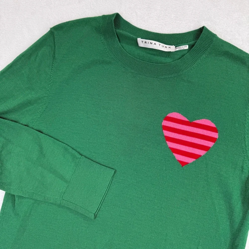 Trina Turk Womens Green 100% Merino Wool Heart Graphic Pullover Sweater Small